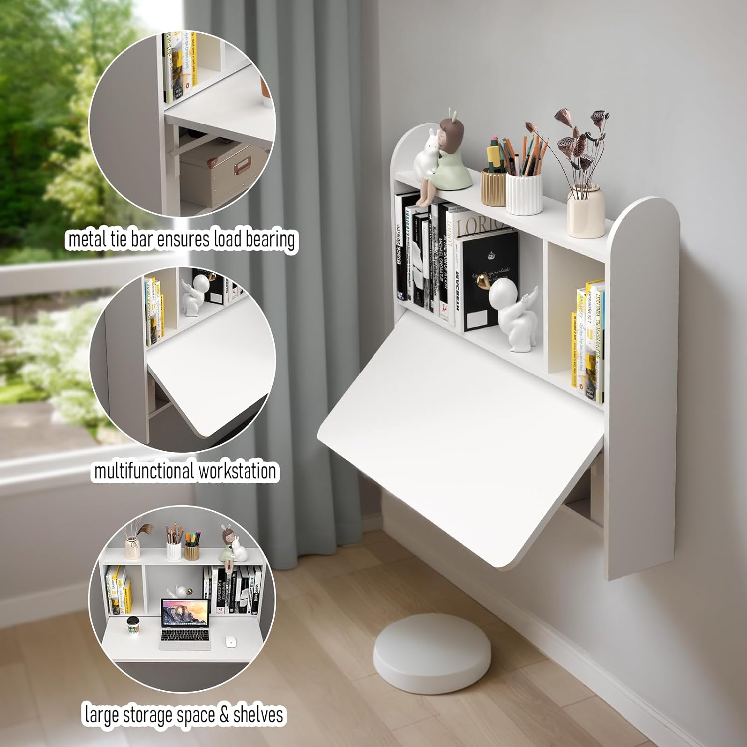 Wall Mounted Drop-Leaf Table, Floating Laptop Desk, Folding Table with Shelves, Multifunctional Computer Workstation with Storage Compartments in Home Office for Space Saving (White)