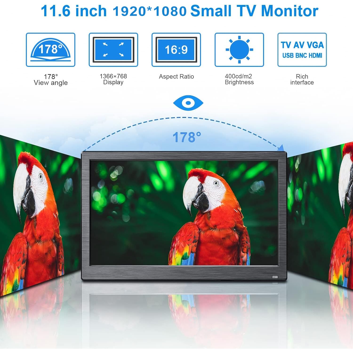 Portatile 11.6’ Monitor IPS HD 1920 * 1080P Plug and Play LED Monitor con VGA/BNC/HDMI/AV/USB/DC Ingresso per PC, Raspberry Pi, Security Camera