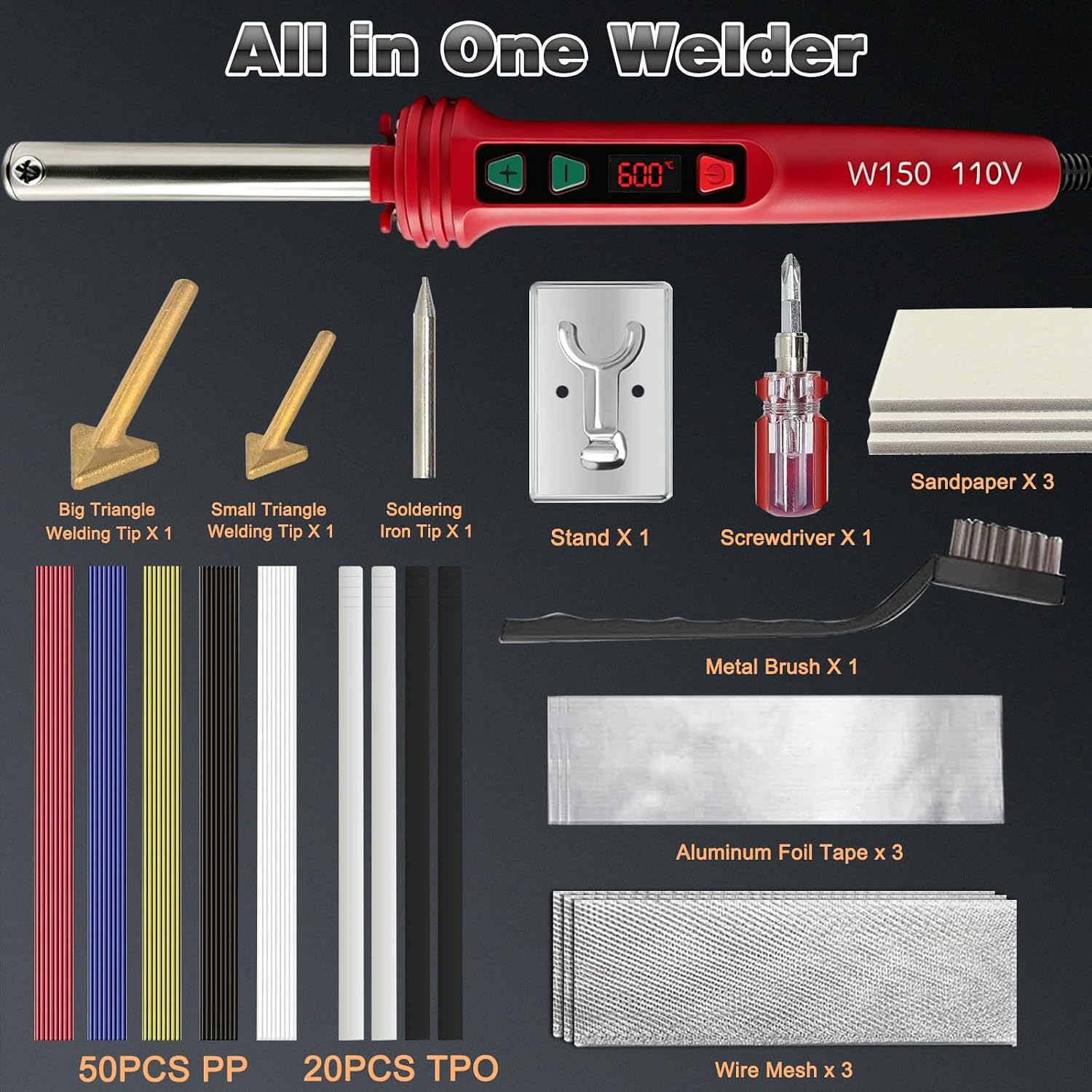 150W LED Digital Adjustable Temperature Plastic Welder, 3 IN 1 Welding Kit with 70PCS Rods, 3 Tips Welder Soldering Iron Kit, Plastic Repair Kit for Car Bumper/Kayaks,etc (Red)