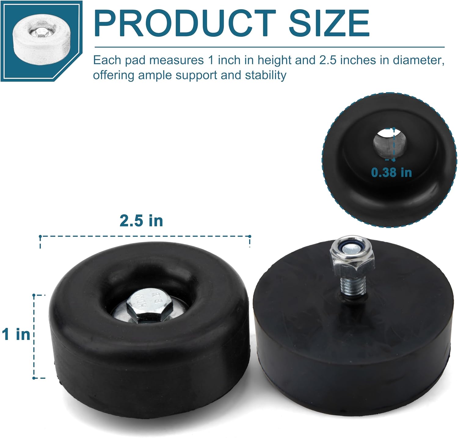 Round Rubber Trailer Bumpers, 2.5 Inches, Black, Door Ramp Stop with Hardware, Set for Generators, Pressure Washers, Air Compressors, Pumps, 4 Pack (Including Screw Kits)