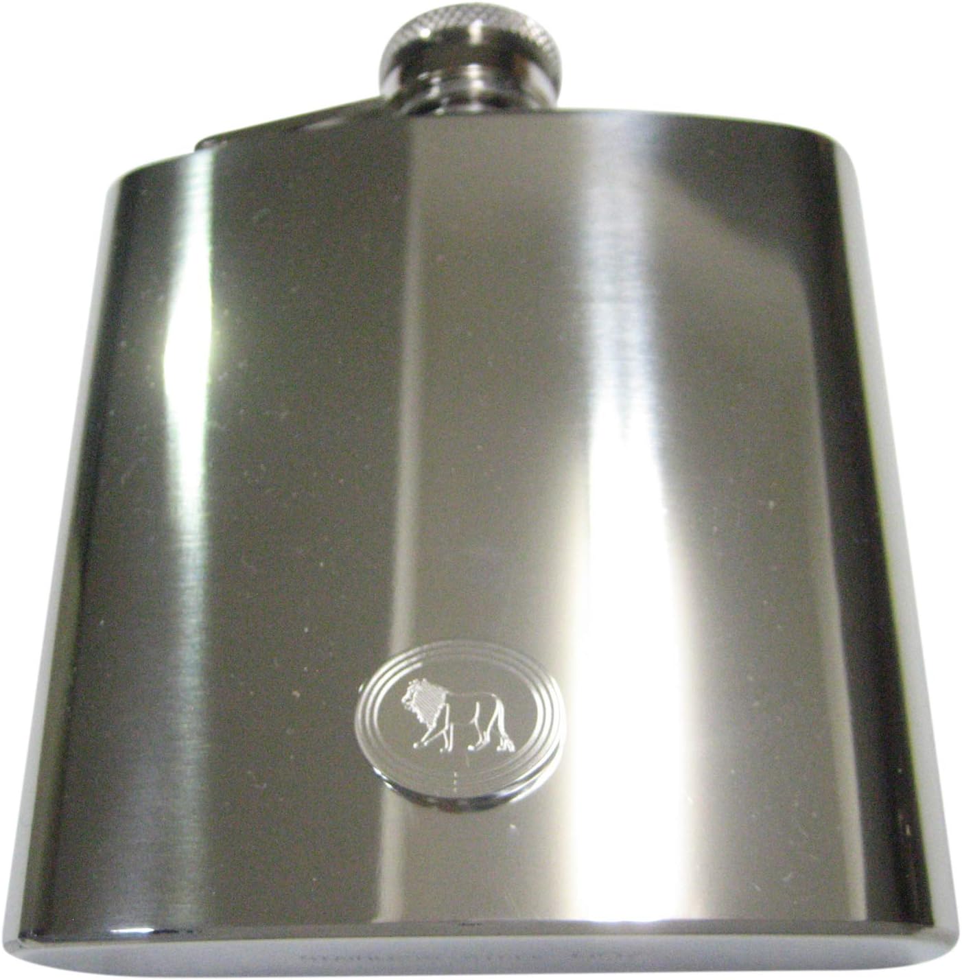 Kiola Designs Silver Toned Etched Oval Left Facing Full Lion 6 Oz. Stainless Steel Flask