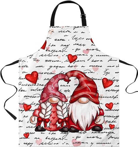 LEOKOTI Valentine Aprons for Women Men with 2 Pockets Watercolor Gnomes Red Love Heart Black Words Waterproof Kitchen Aprons Adjustable Chef Apron
