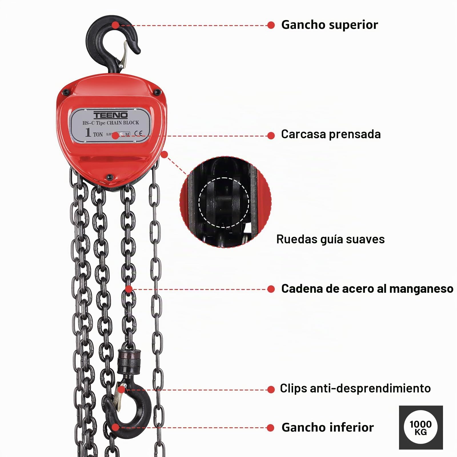 TEENO Polipasto de Cadena Manual, 1 Tonelada, Polipasto de Cadena de Palanca de 5 m, Cadena G80, Rojo, Para Operaciones de Elevación en Silvicultura, Talleres, etc