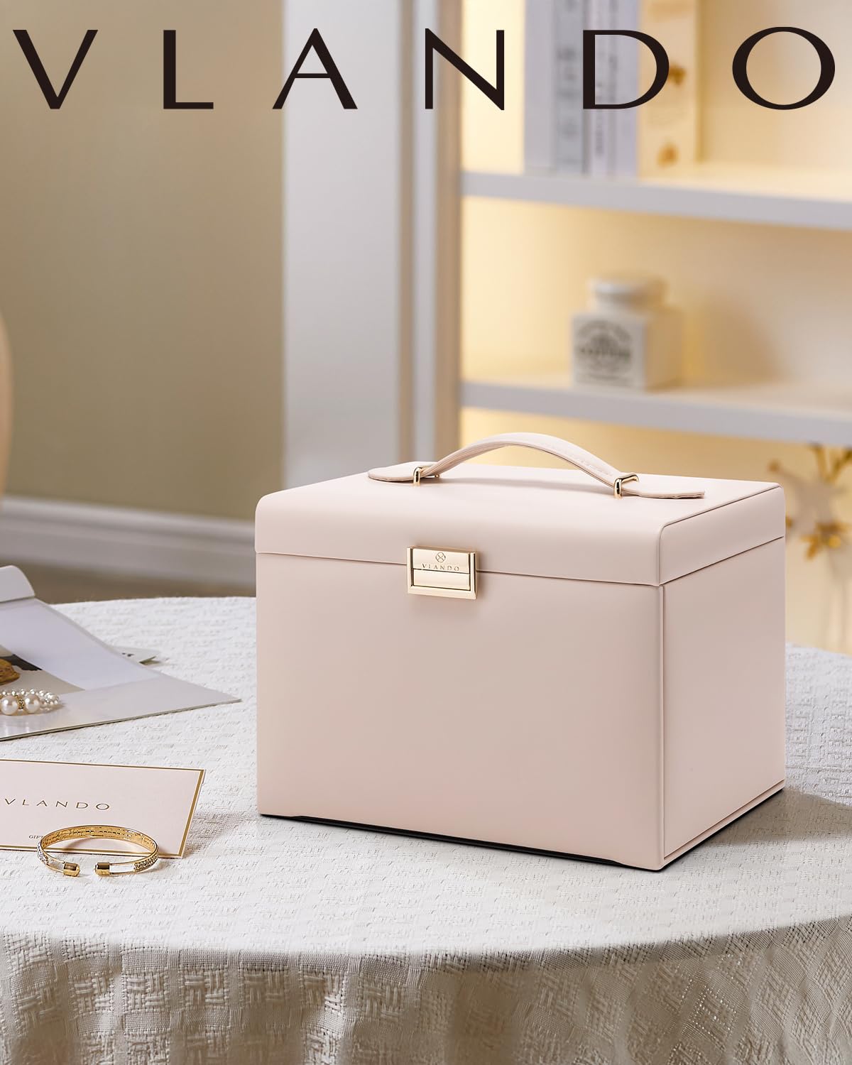 Vlando Grande boîte à bijoux à 4 niveaux - En cuir synthétique - Avec miroir et tiroirs - Organiseur de bijoux - Doublure en velours - Beige