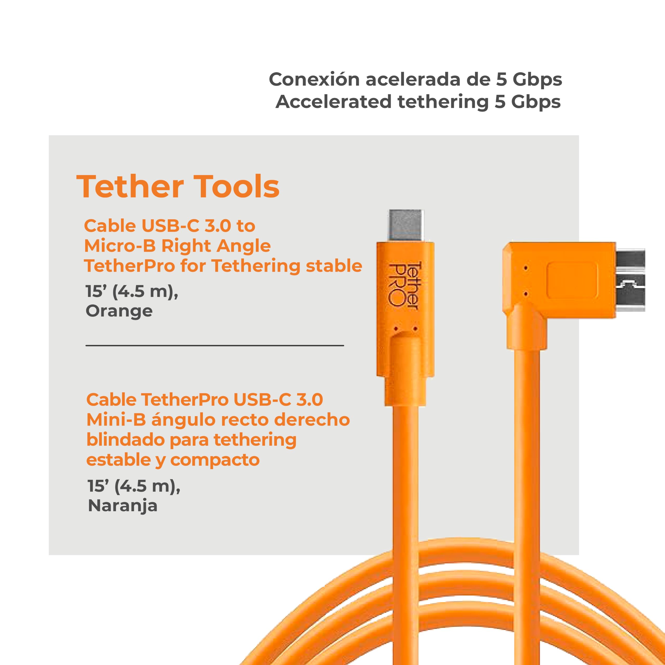 Tether Tools Cable USB-C a 3.0 Micro-B ángulo recto, 4,60 m, color naranja