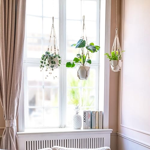 Miniatura 9 de Mkono Colgadores de macramé para plantas de interior, cesta colgante y ganchos de techo, soporte decorativo para macetas sin borlas para decoración