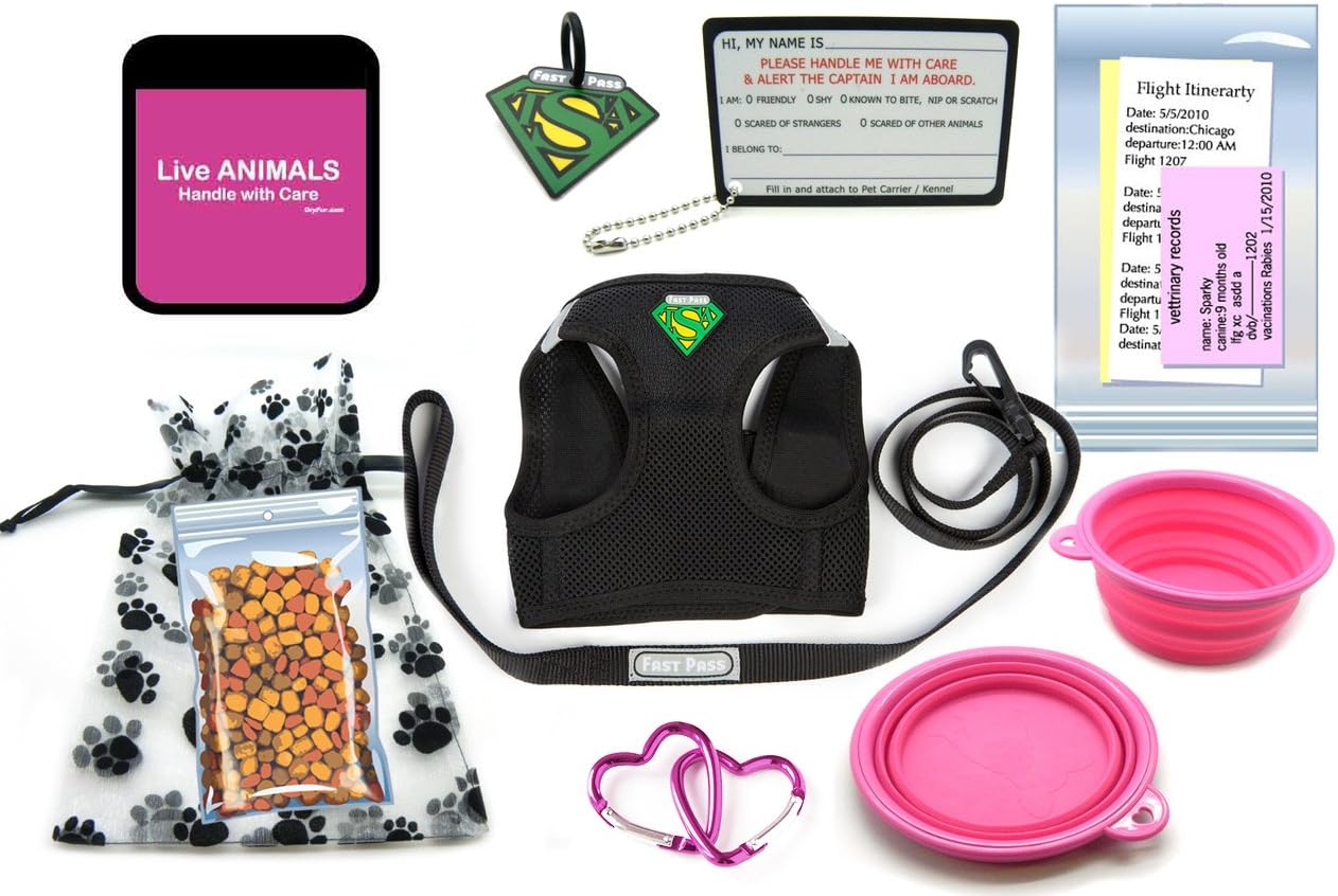 in-Cabin Pet Airline Travel Accessory Kit Includes Metal Free TSA Harness and Leash Pink (Small Harness)