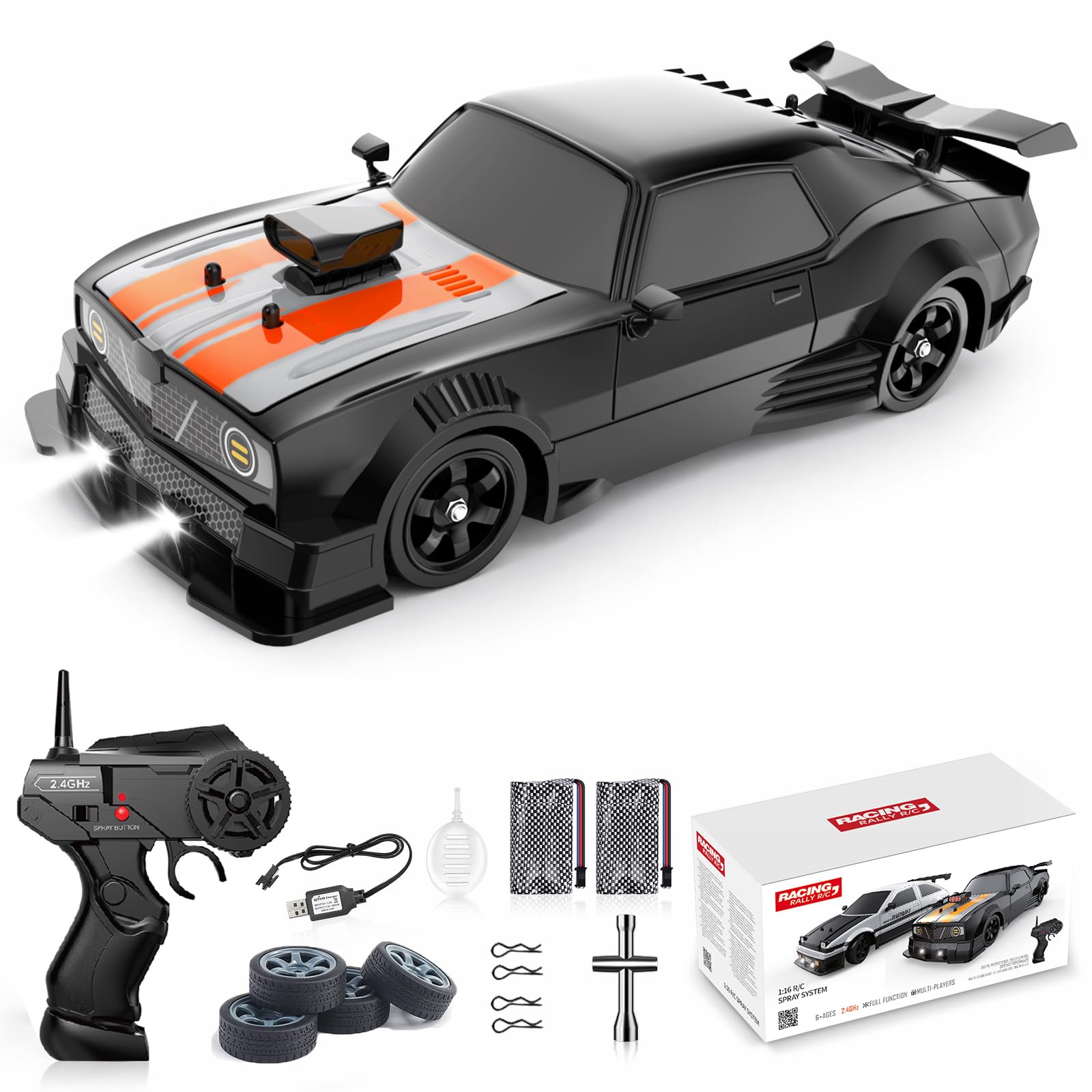 Remote Control Car RC Drift Car 1:16 Scale 4WD 18KM/H High Speed Model Vehicle 2.4GHz with LED Lights Spray Rubber Tire Racing Sport Toy for Adults Boys Girls Kids Gift 2Pcs Rechargeable Batteries