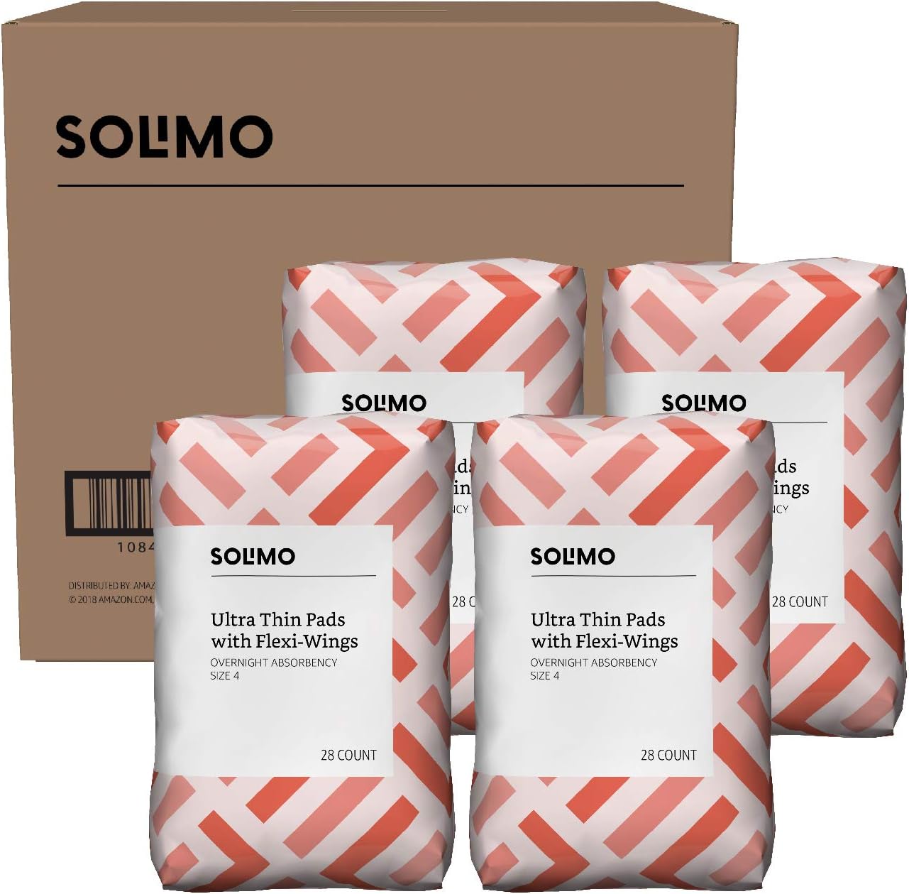 Amazon Brand - Solimo Ultra Thin Pads with Flexi-Wings for Periods, Overnight Absorbency, Unscented, Size 4, 112 Count, 4 Packs of 28