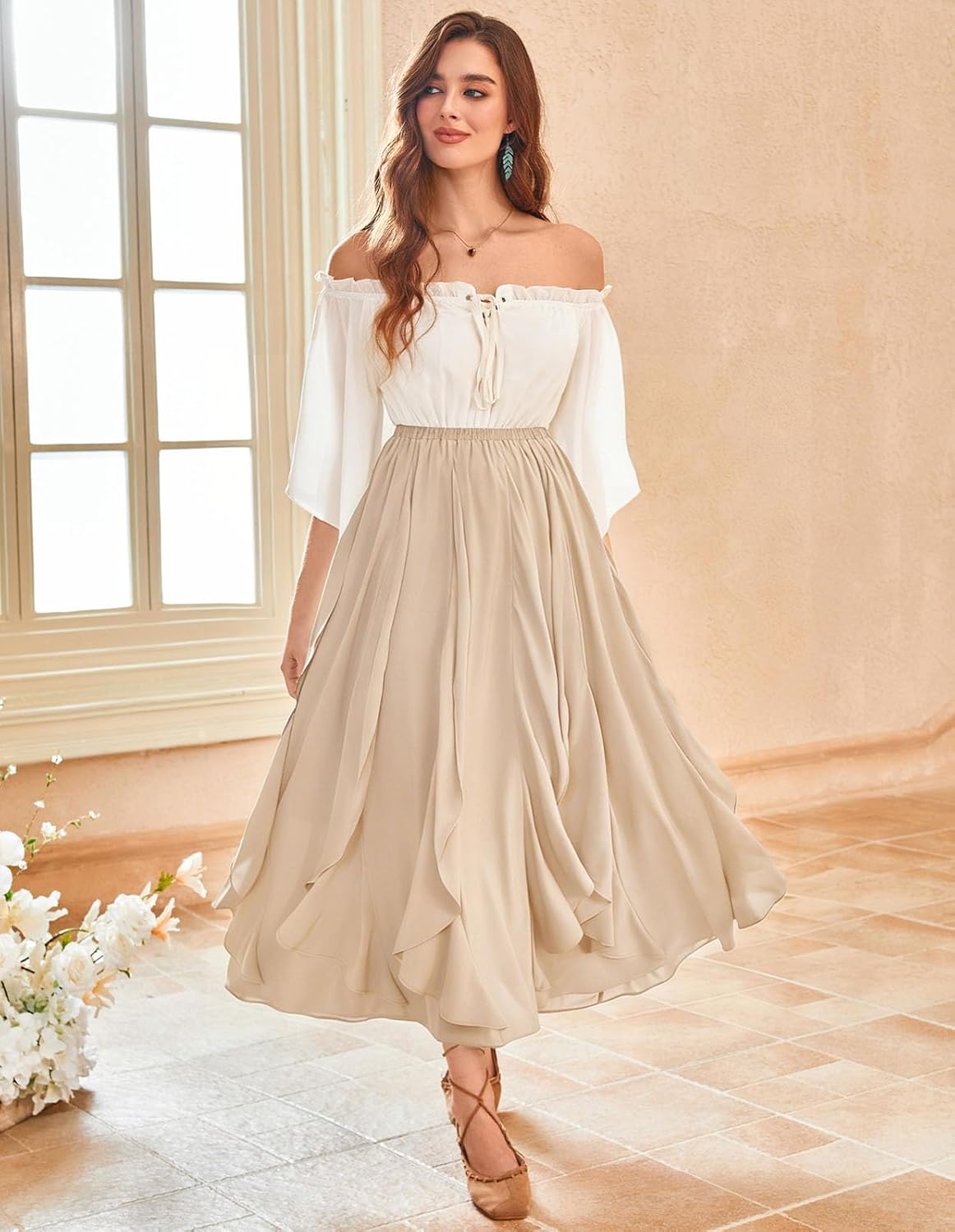 SCARLET DARKNESS Womens Boho Maxi Skirt 2026 Renaissance Long Skirt High Waist Ruffle Flowy Skirts