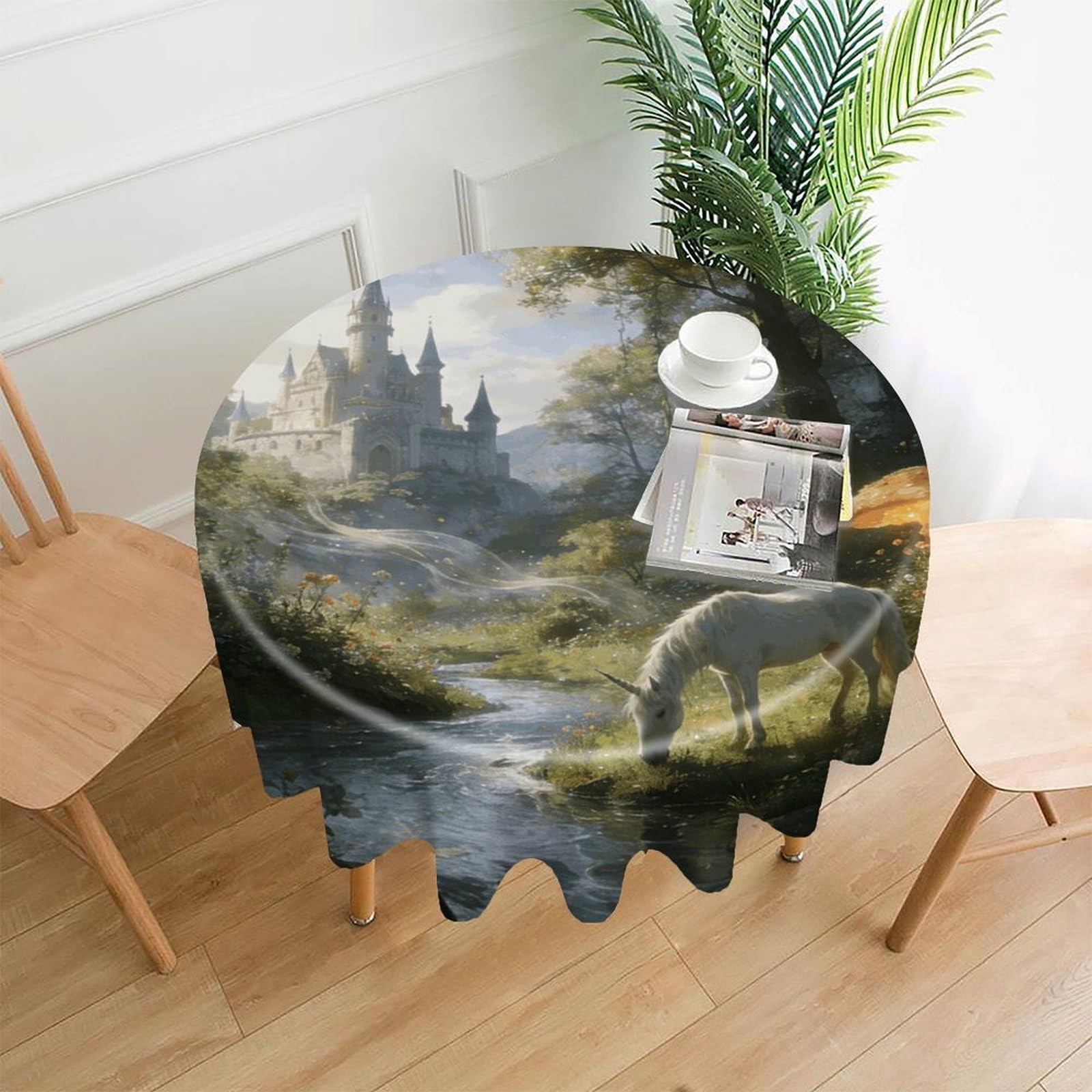 LZQPOEAS Forest Fairy Castle Tablecloth Easy to Clean Polyester Round Table Cover Washable Round Table Cloth Wrinkle-Free Circle Decoration Tablecloth for Kitchen and Dining Room 60"