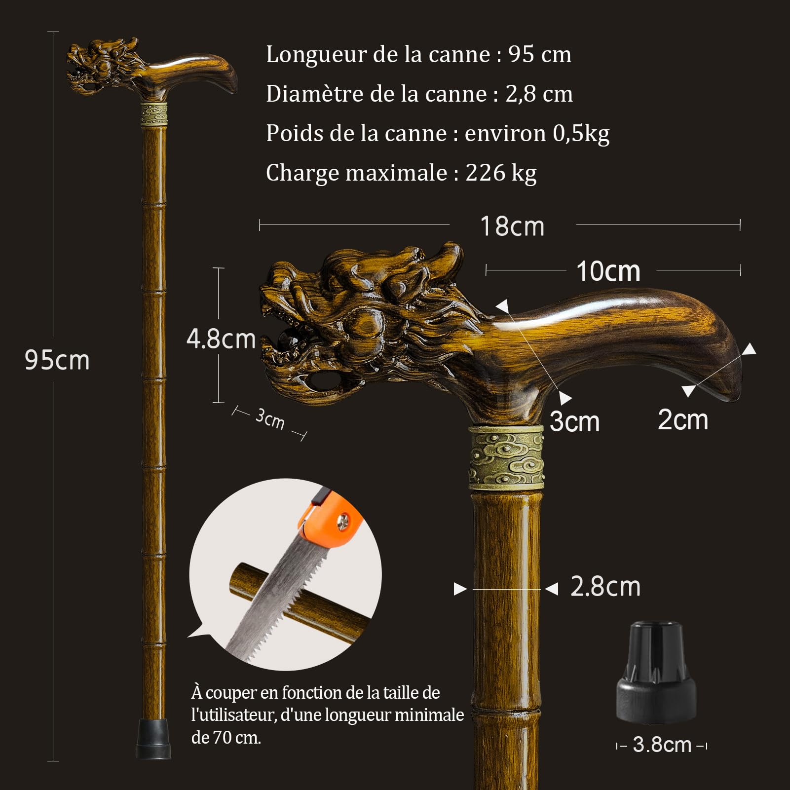 Canne de marche en bois sculptée à la main de qualité supérieure pour homme et femme - Design léger - Peut supporter jusqu'à 226 kg - Bâtons pour personnes âgées - Convient pour offrir