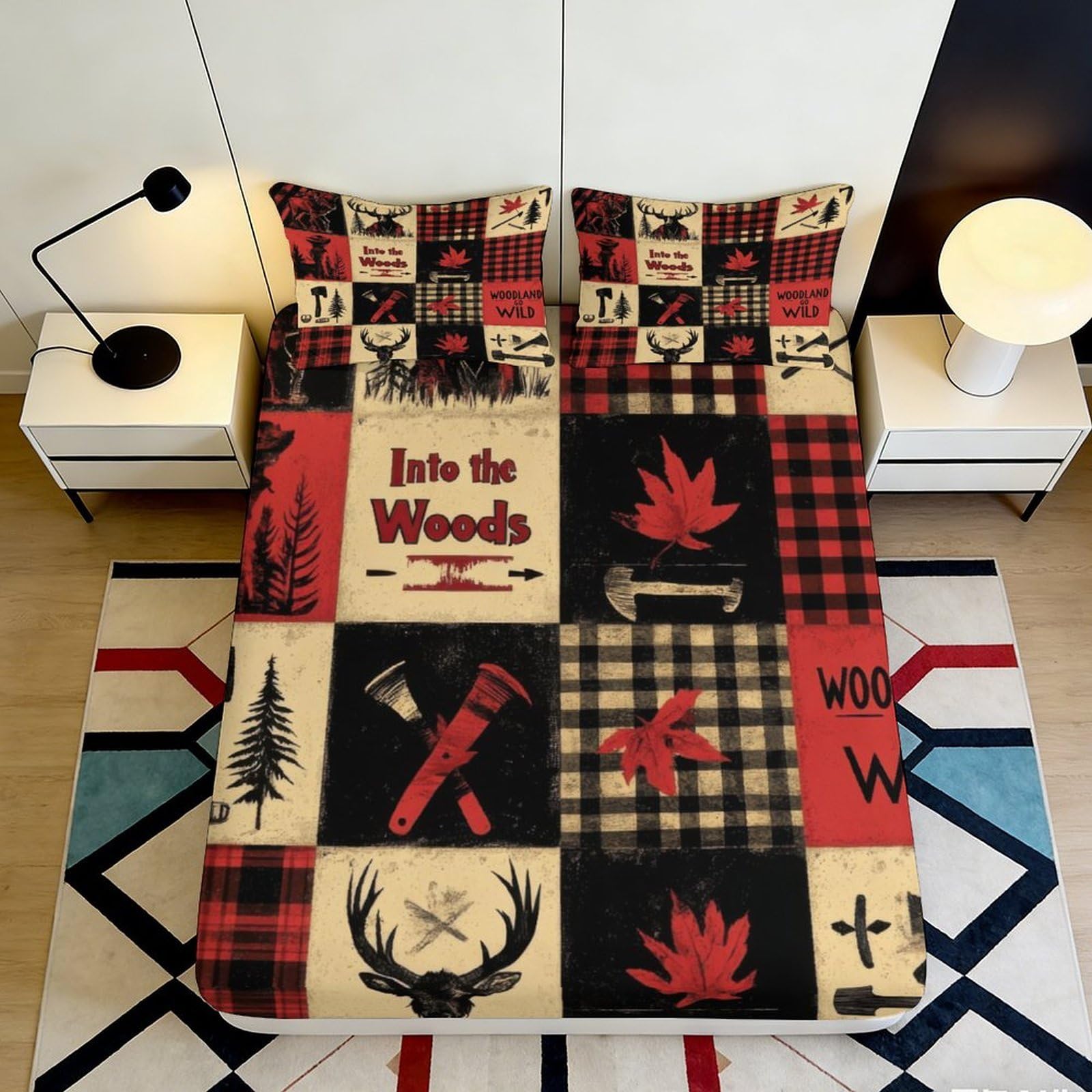 3D Printed Lumberjack Forest Fitted Sheet Microfiber Soft Lodge Plaid Bed Cover for Bedroom Dorm Room Decor 90x200x25cm