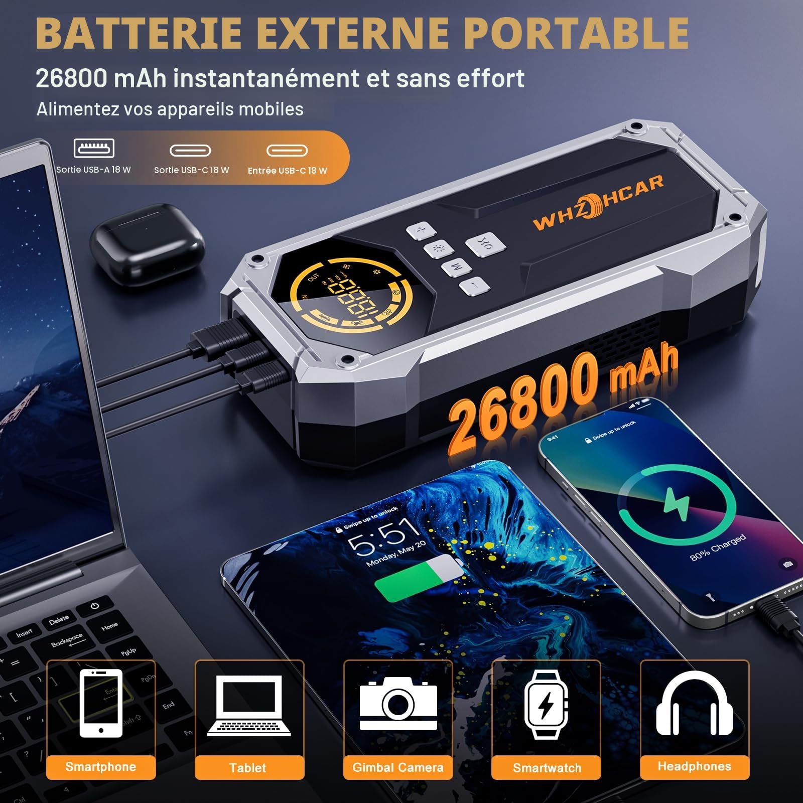 Booster Batterie Voiture 150PSI Compresseur 12V Jump Starter Diesel | Puissance 9000A PowerBank USB Pinces Sécurité LED Lumière Écran LCD pour Essence Moto Camion Hiver Voyage