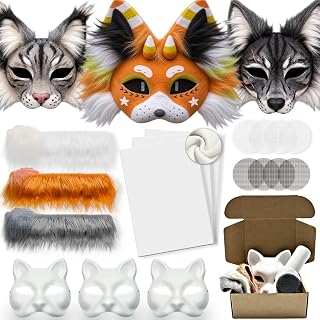 DIY Cat Mask Kit with Fur & Eye Mesh and Felt Sheet,DIY Cat Mask All-in-One to Paint, Blank White Mask for Cosplay Christmas