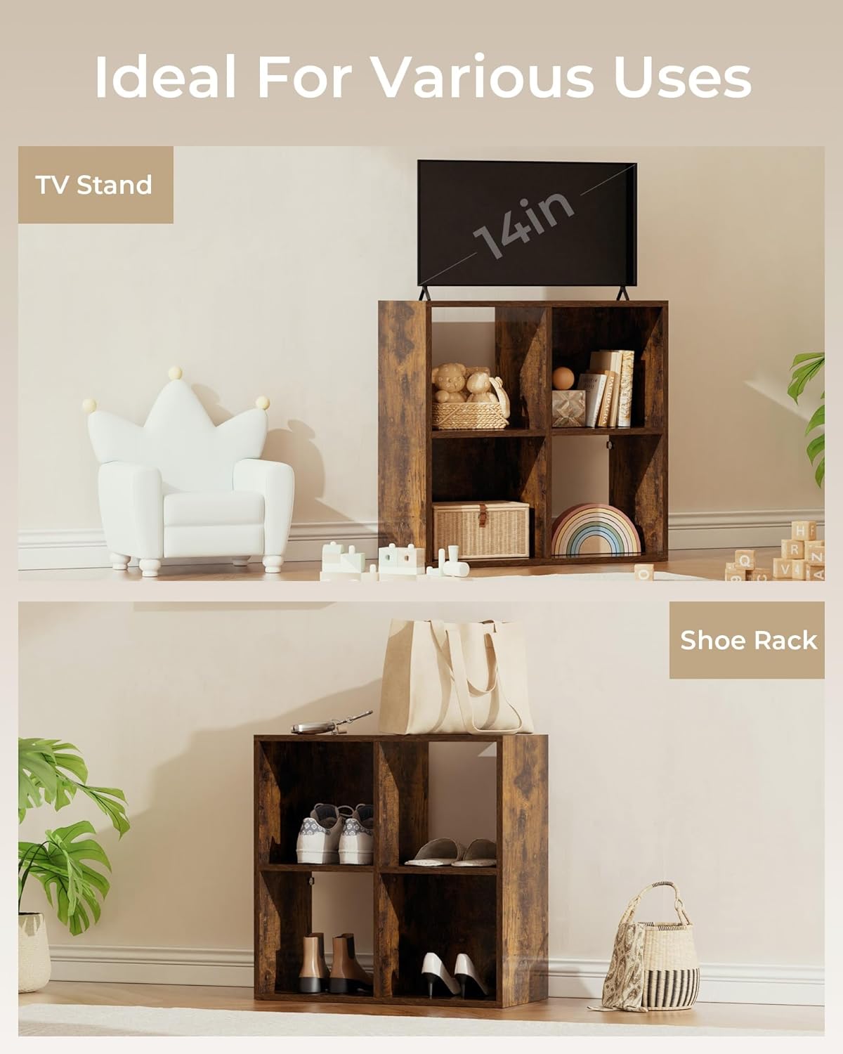 GTPLAYER 4-Cube Storage Organizer, Fits 11" Bins, Vertical or Horizontal Use, Opening Bookshelf, Partial Back Panels, Stackable Design Bookcase, for Desk, Vanity, Entryway, Vintage Brown