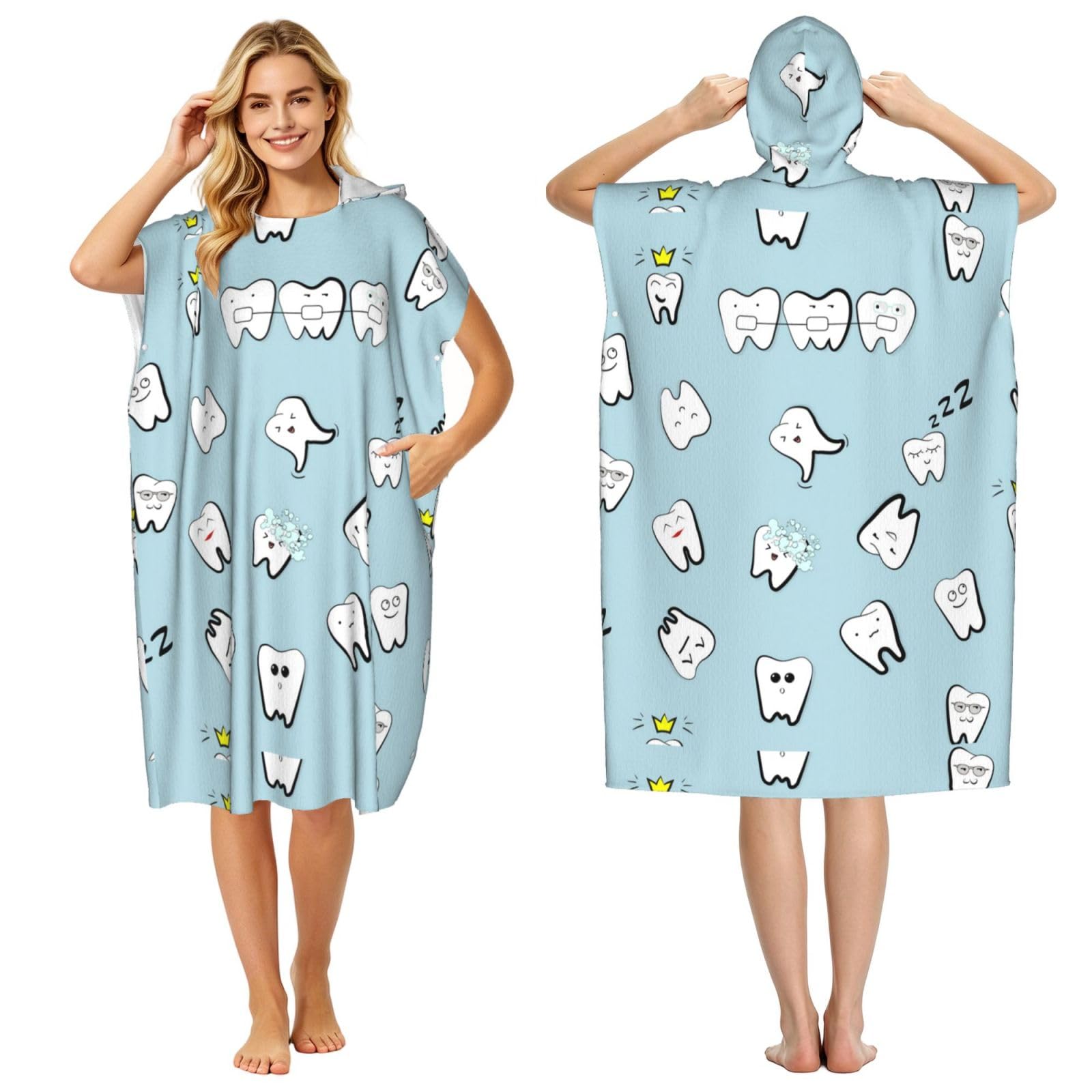 Poadnly Teeth Pattern Tooth Dental Cartoon, Adult Hooded Beach Towel 90 x 110 cm,Changing Bath Robe, Surf Poncho Towel For Women Men