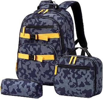 Amythe Teen Boys School Backpack 3-Piece Set with Lunch Bag & Pencil Case, Fits 15.6 Inch Laptop