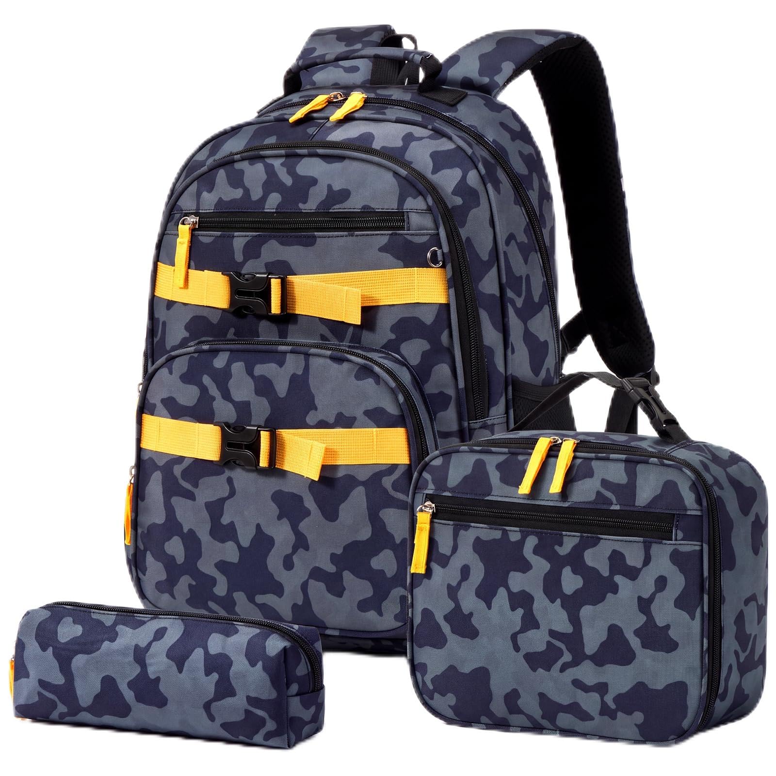 Amythe Set 3 pièces Cartable Garçon CP-CM2 Réfléchissant | Sac à dos Enfant Ergonomique Léger 20L Primaire Imperméable Camo Vert
