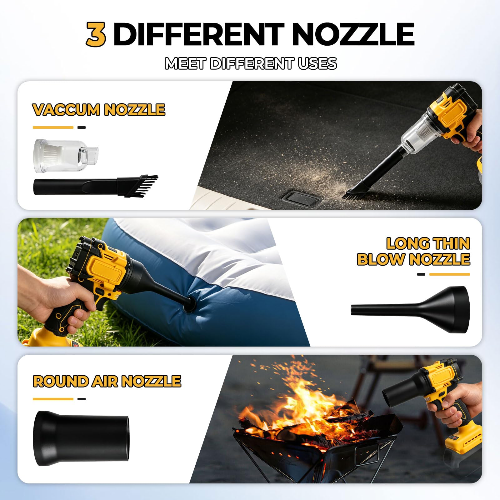 Soffiatore e aspiratore per foglie senza fili compatibile con batterie DEWALT da 18V e 20V, soffiatore d'aria 2 in 1 da 20 kPa e aspiratore da 8 kPa, 20000 giri/min con 3 ugelli e luce LED