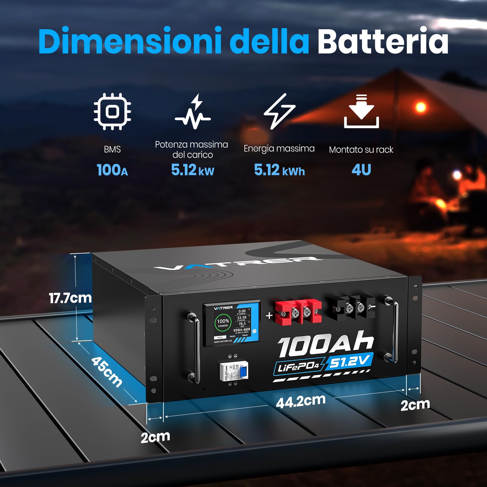VATRER POWER 51.2V100AH Batteria Litio LiFePO4 con 100A BMS, Display Intelligente Tattile & APP Bluetooth, Max. 4800W, 5000+ Cicli Perfetto per Sistemi Solari Applicazioni Indipendenti dalla Rete