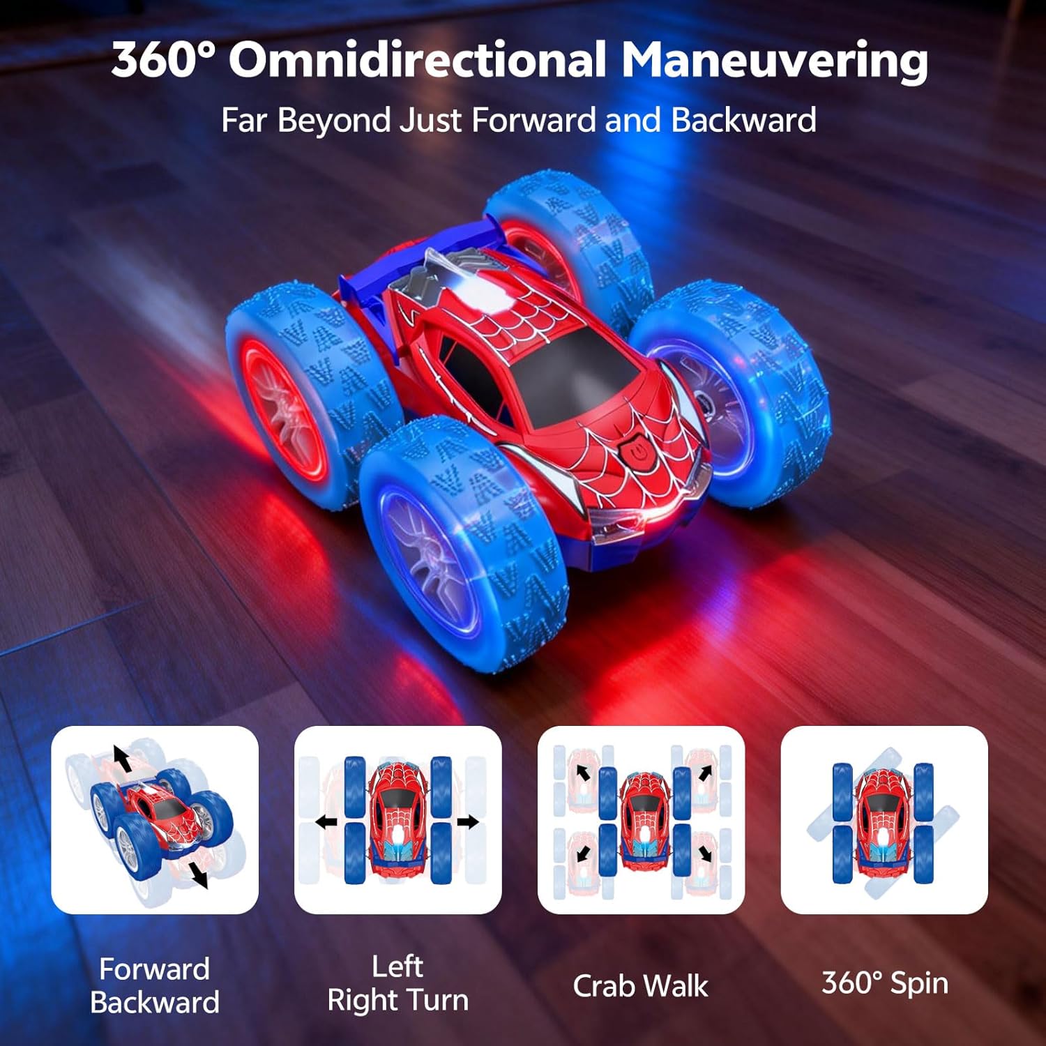 RC Cars Spider Toys for Kids 4-12, 4WD Remote Control Car Spider Toy Gift, Double Sided Stunt Car With LED Lights 2.4GHz 360° Flip & Spin/Rotation, 60 Mins Playtime, Gift for Kids, Boys, Beginners​