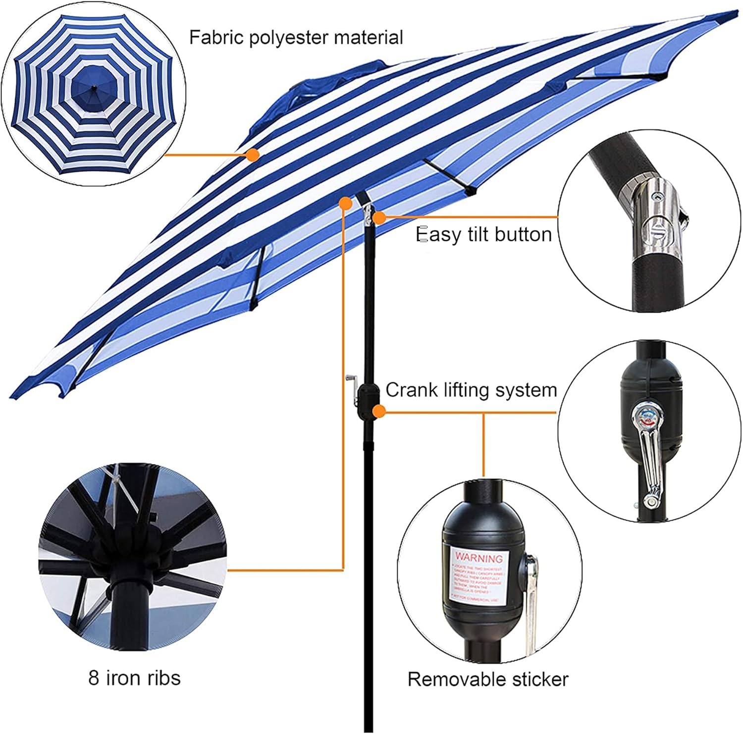 Blissun 9' Outdoor Patio Umbrella, Outdoor Table Umbrella, Yard Umbrella, Market Umbrella with 8 Sturdy Ribs, Push Button Tilt and Crank Blue & White Stripe