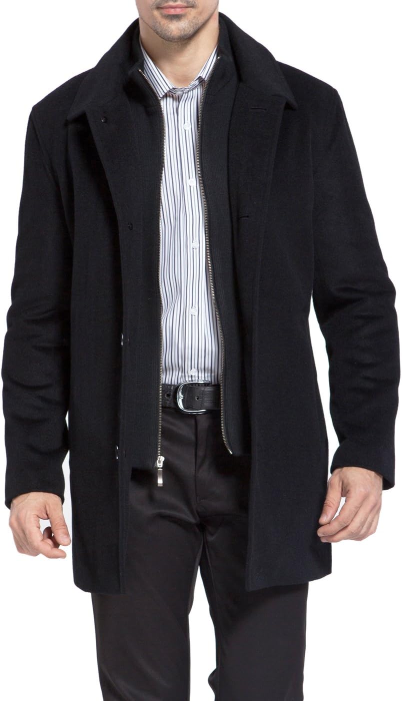 MODERM Men Justin Cashmere Wool Blend Single Breasted Walking Car Coat with Bib (Also available in Big and Tall)
