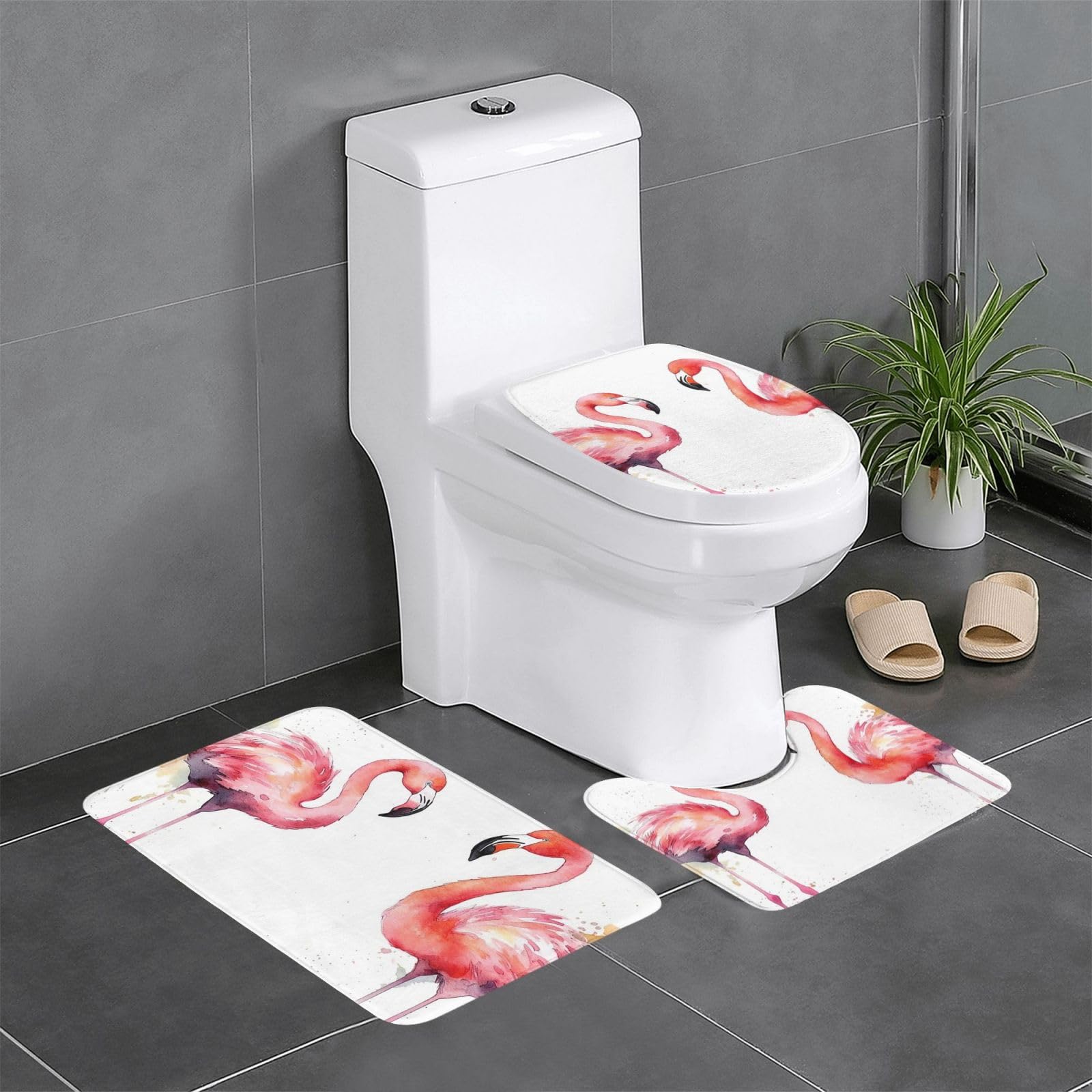 Tapis de bain doux flamants roses lot de 3 avec contour WC antidérapant 61x41 cm
