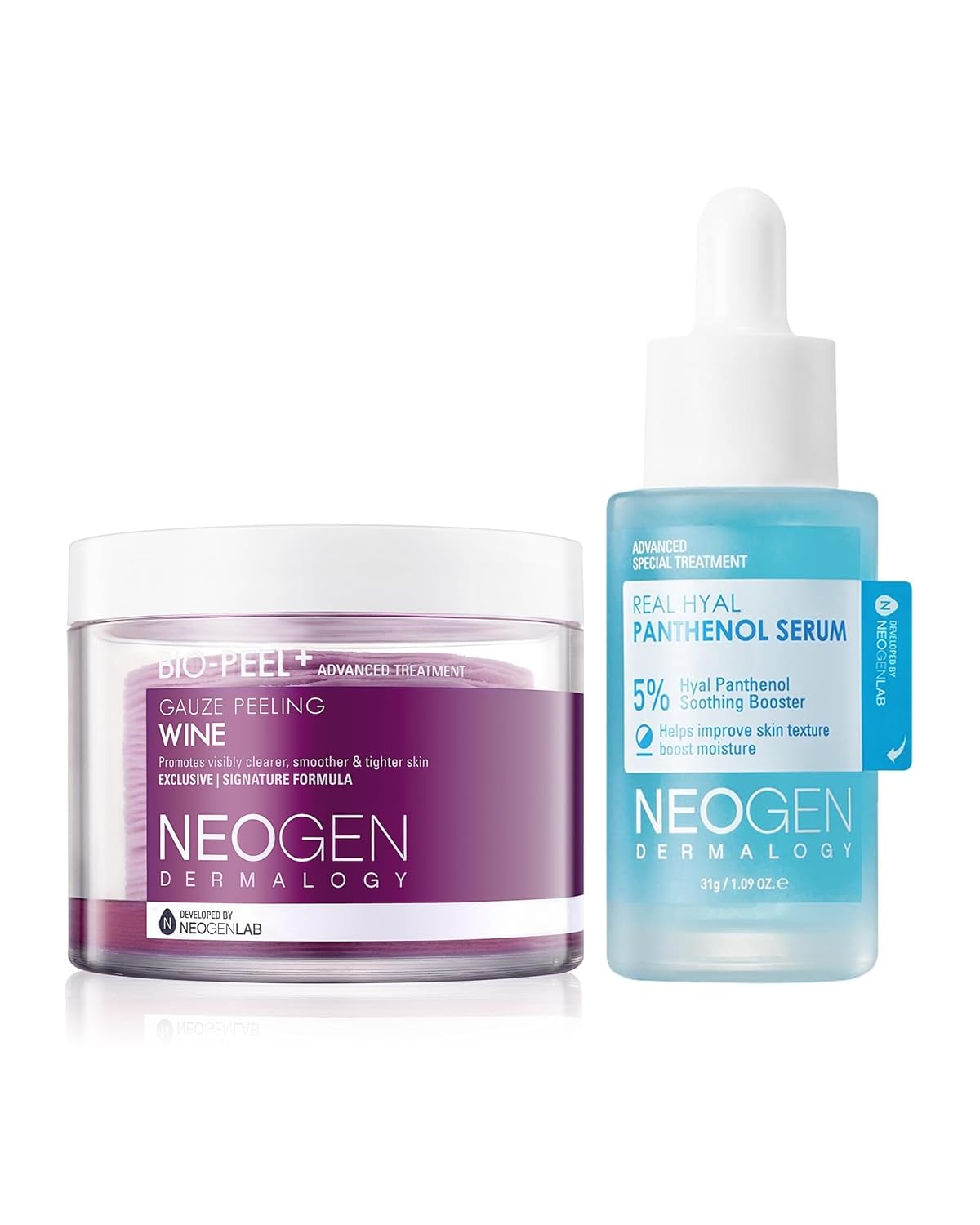 DERMALOGY by NEOGENLAB Bio-Peel Gauze Peeling Pads Wine, 30 pads & Real Hyal Panthenol Serum 31g/1.09oz