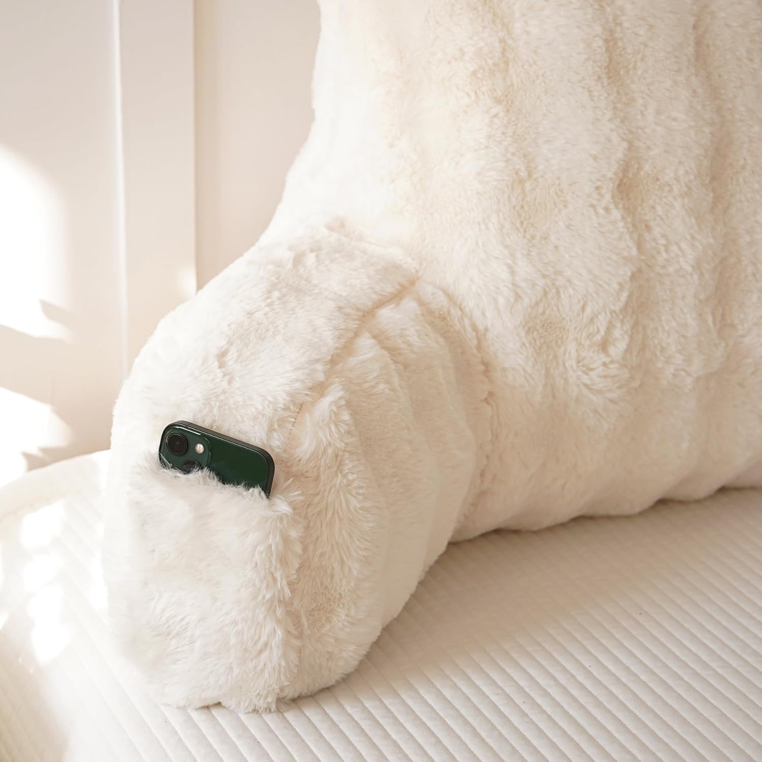 Yaoshuho Faux Fur Reading Pillow for Sitting in Bed, Large Backrest Bed Pillow with Arms, Back Support Pillow for Lounging Bedrest, Beige