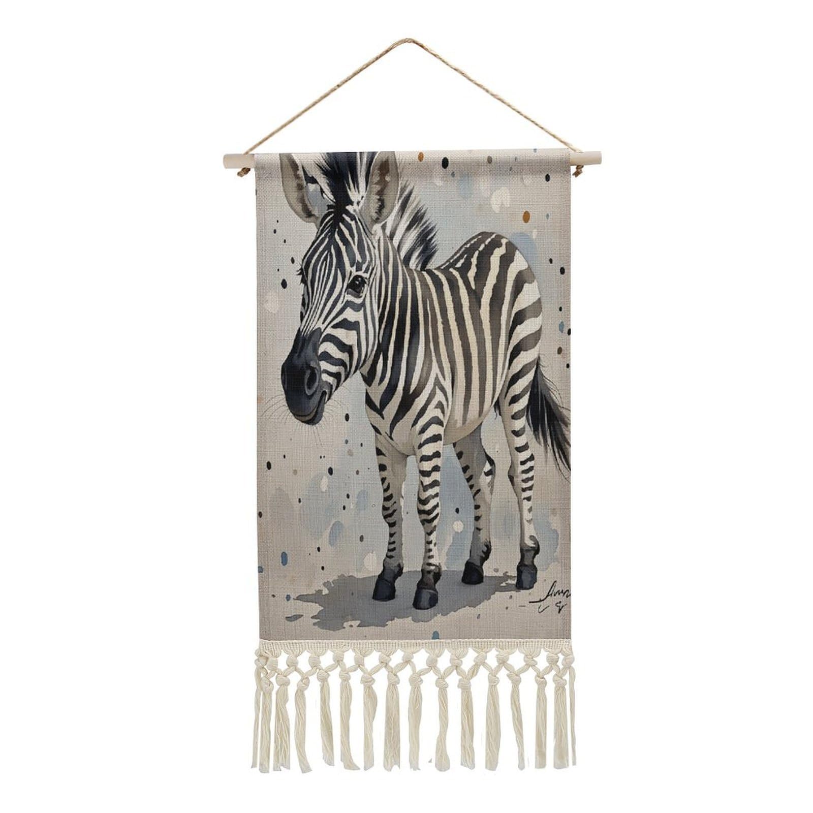 FekiLoot Cute Zebra Watercolor Wall Art Print Decor Art Tapestry with Tassel Cotton Linen Hanging Poster Vintage Aesthetic Wall Art Poster Rustic Wall Art Decor for Home Bedroom Living Room Office