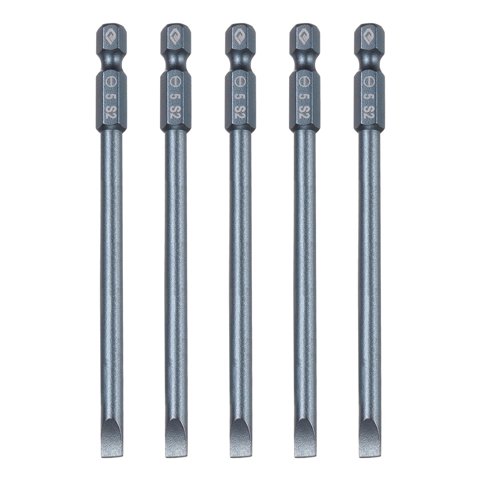 TA-VIGOR 5pcs 5mm Magnetic Slotted Tip Flat Head Screwdriver Bits, S2 Steel 1/4" Hex Shank 4" Length Power Drill Bits Set for Electrician, Mechanic and Repair Work (Sandblasted Finish)