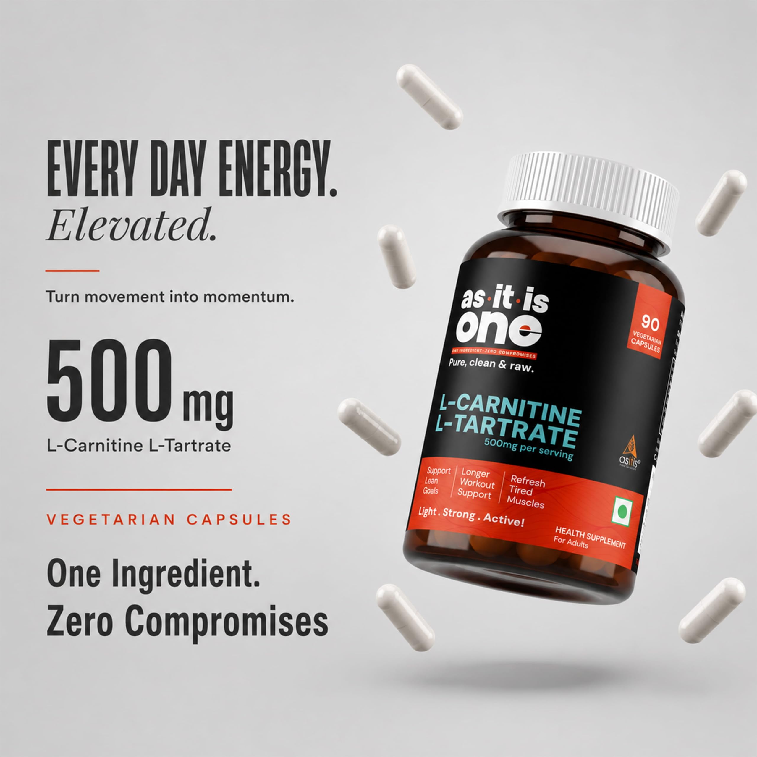 AS-IT-IS One L-Carnitine L-Tartrate 500mg Capsules for All Ages Adults; Supplement to Support Energy, Recovery & Metabolism, Support Lean Goals - 90 Capsules