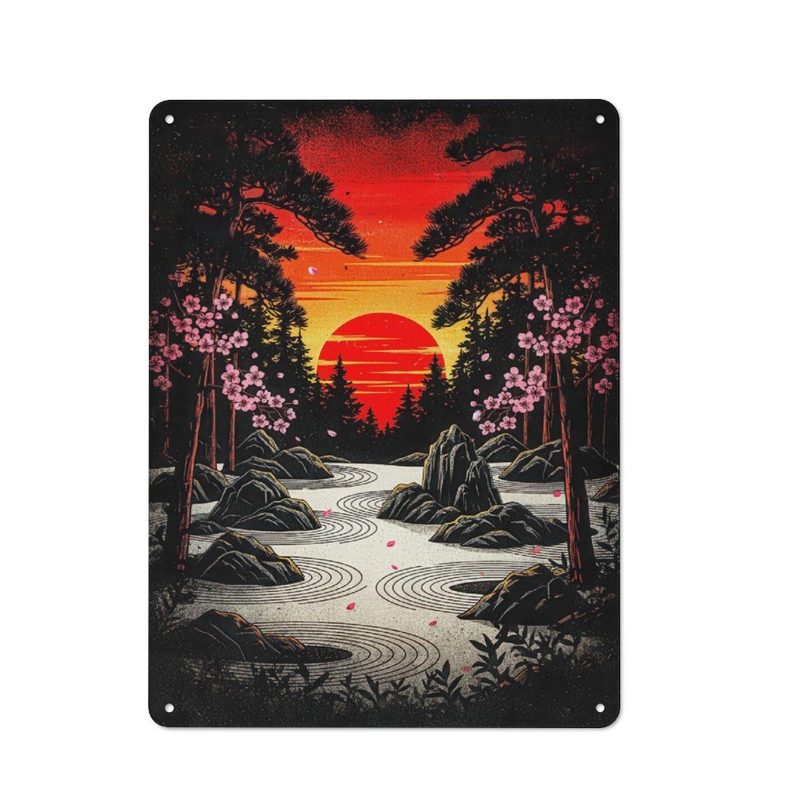 Understated Japanese Zen Garden Sunset Metal Wall Plaque 40x30cm, Creative Space Decor for Office, Study, Studio Or Hallway