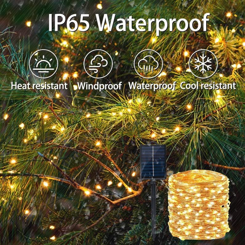 Ollny Catena di luci solari per esterni, 2 x 15 m, 150 LED, per esterni, a energia solare, 8 modalità, IP65, impermeabile, filo di rame, per esterni, per giardino, balcone, terrazza, albero