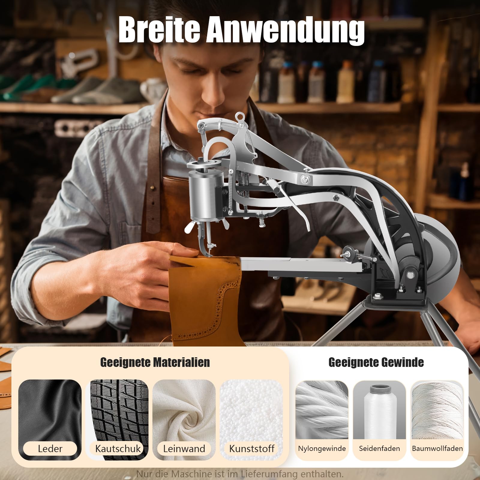Handkurbel-Ledernähmaschine, manuelle Schusternähmaschine für Leder, Gummi und Segeltuch, max. 6 mm Stichlänge, 6 Lager, 8,2 kg – vielseitige Nähmaschine für Schuhe, Taschen und Zelte