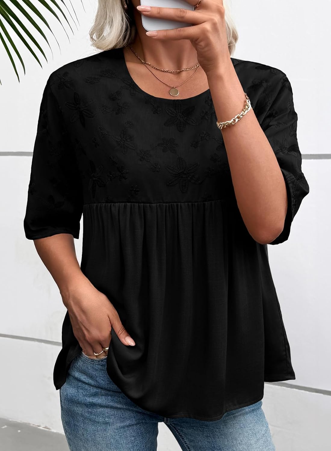 EVALESS Womens Spring Summer Tops Casual Crewneck Half Sleeve Shirts Blouses Cute Floral Embroidered Boho Babydoll Tops - Image 2