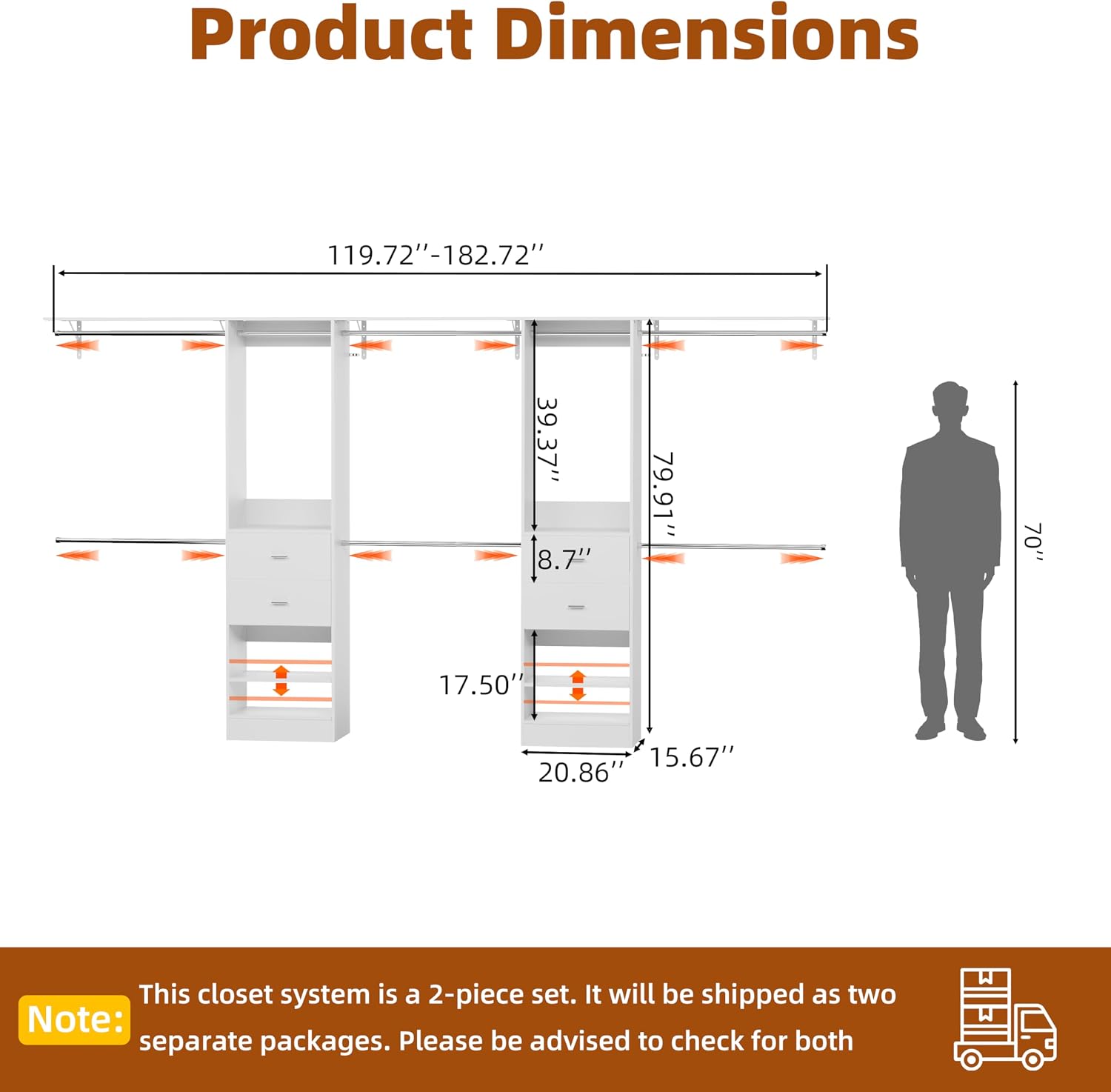 Closet System Set of 2, 6Ft-14Ft Closet Organizer System With 4 Wooden Drawers, Walk-In Closet Storage System With 10 Expandable Hanging Rods, Adjustable Cloth Garment Rack from 6 to 14FT, White