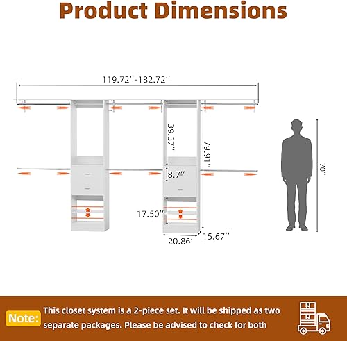 Miniatura 7 de Sistema de armario de 2, sistema organizador de armario de 6 a 14 pies con 4 cajones de madera, sistema de almacenamiento de armario con 10 varillas