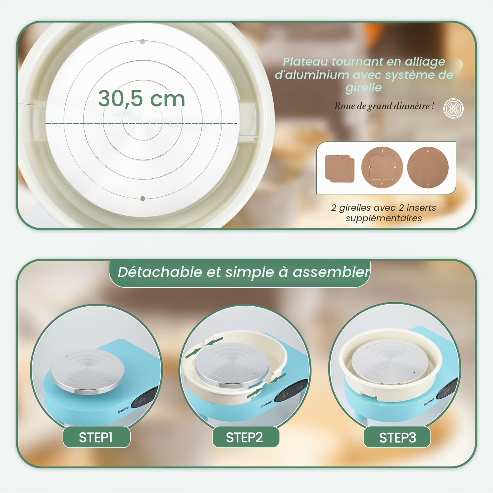 Huanyu Roue de poterie de 30 cm avec pieds réglables et pédale de commande Machine à céramique électrique de 350 W avec bassin amovible et kit d'accessoires de poterie