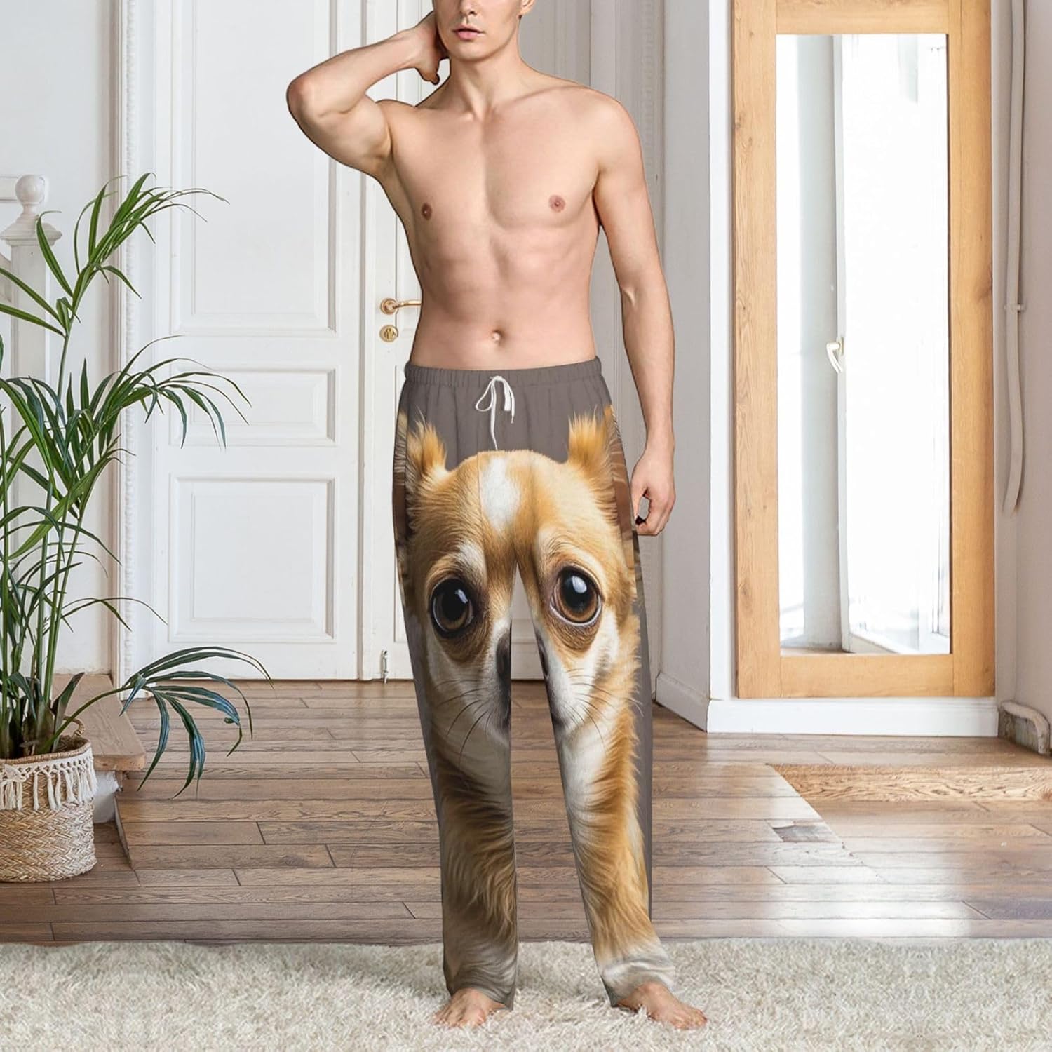 Men's Pajama Pants Flannel Pj Bottoms Cute chihuahua Sleep Pant with Drawstring & Pockets