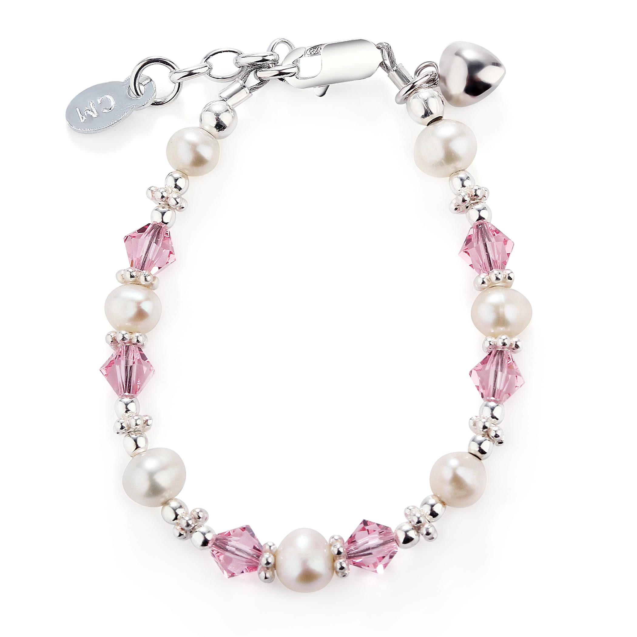 Precious Pieces Children's Sterling Silver Bracelet for Infant Babies and Little Girls with Cultured Pearls and Pink High-End Crystals and Heart