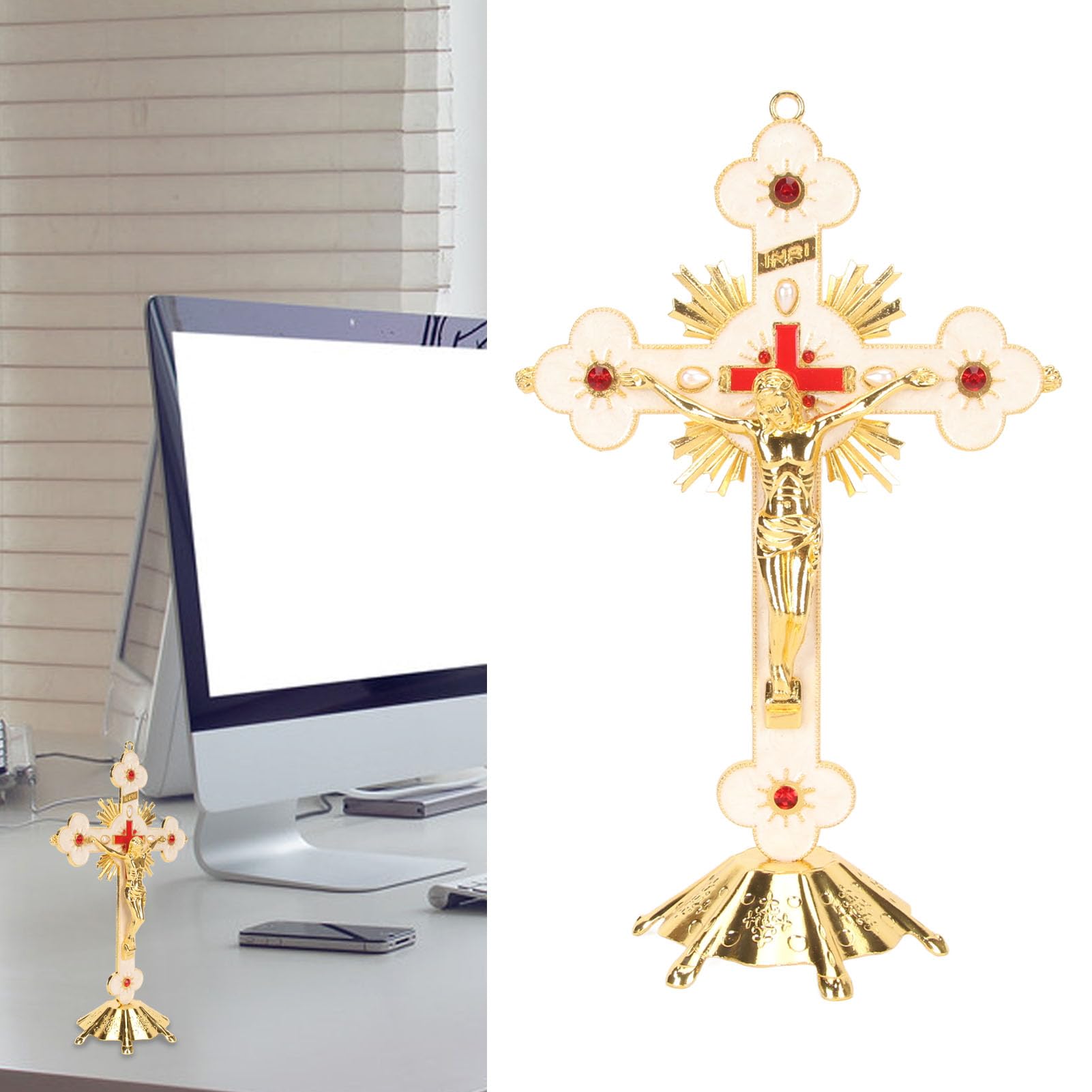 Fockety Stojący Krzyż Znakomity Metalowy Krzyż Stojący Elegancki Retro Retro Krzyż Krzyż Czerwony Rhinestone Dekoracji Z Podstawą Katolicki Krzyż Jezusa Długotrwały