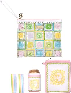 Lilly Pulitzer Sun Tiles Beach Day Pouch Set - Water-Resistant Vinyl Zipper Bag with Drink Hugger & Towel Clips