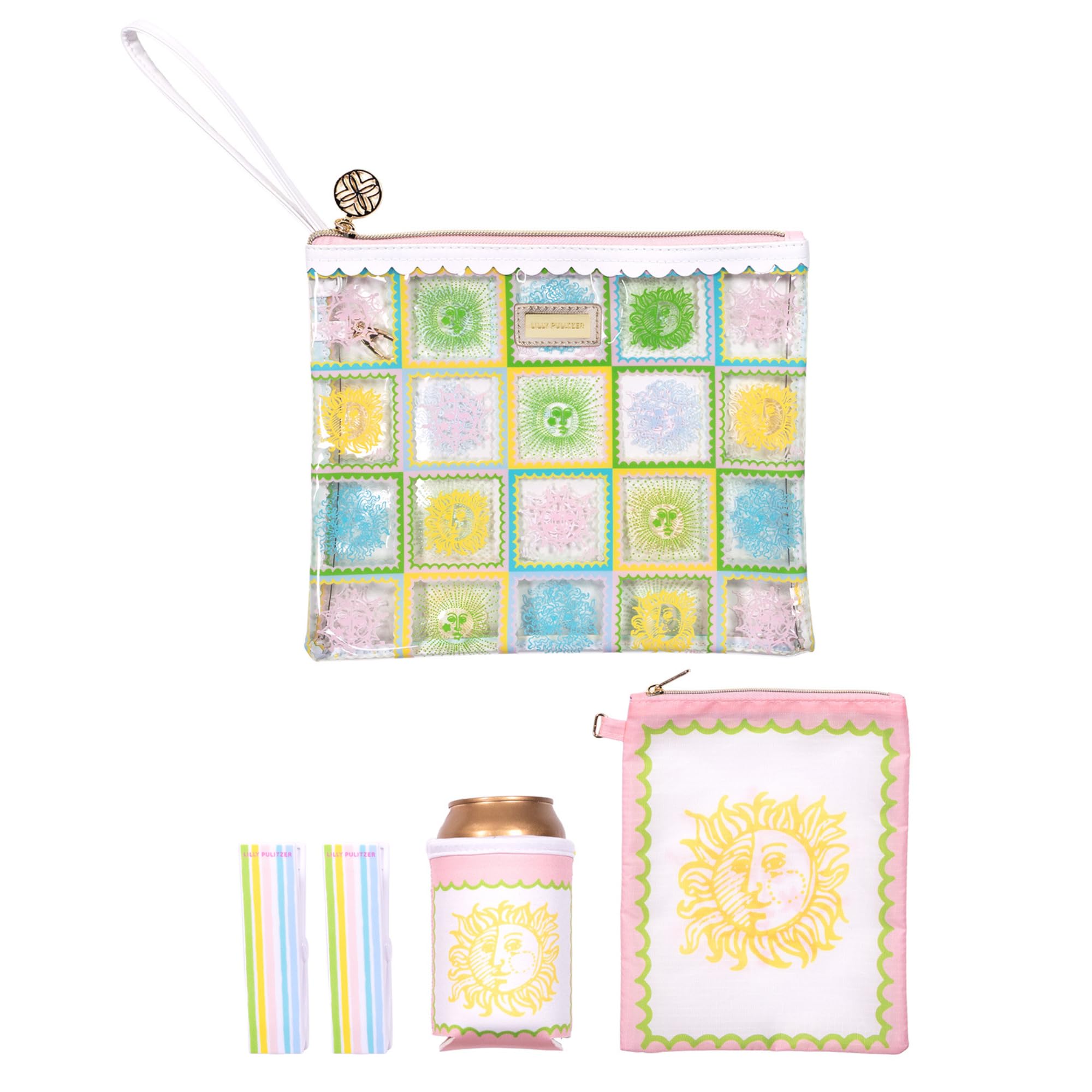 Lilly Pulitzer Water Resistant Vinyl Beach Day Pouch, Zipper Bag Includes Drink Hugger, Small Pouch, and Towel Clips