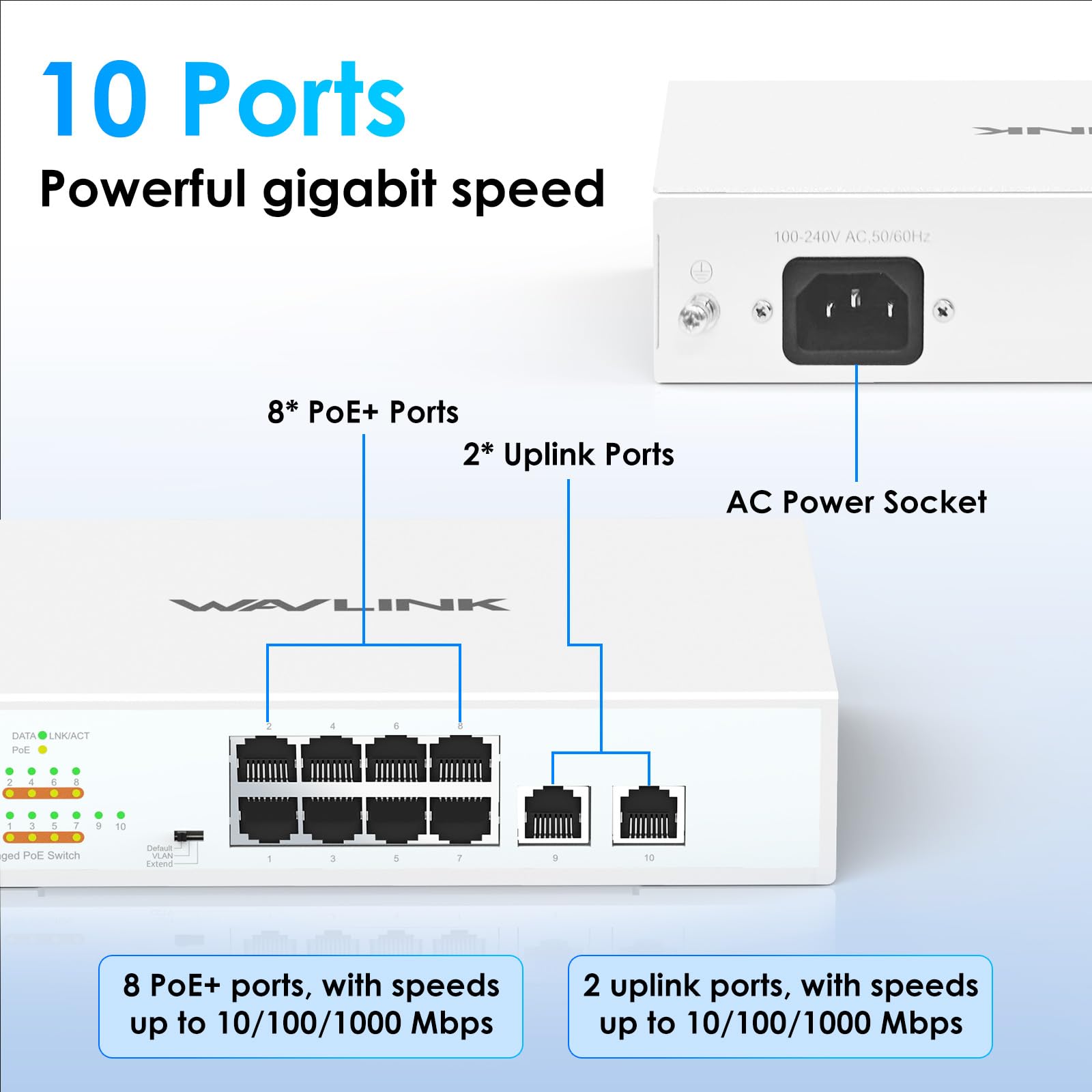 WAVLINK Switch Gigabit Non Géré à 10 Ports avec 8 Ports PoE+ et 2 Uplinks, Budget PoE Total 120W, IEEE 802.3af/at, Modes VLAN, Défaut et Extension, Montage Mur ou Bureau