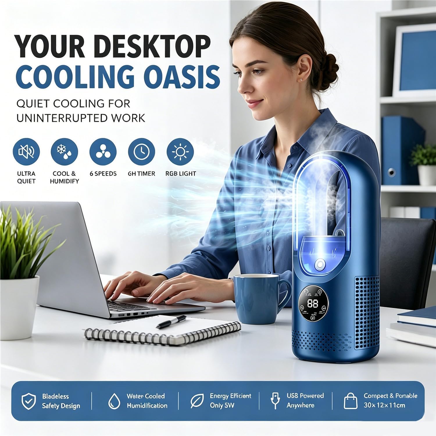 Mini condizionatore d'aria portatile con ventilatore silenzioso senza pale con 6 velocità del vento e timer da 1-6H, umidificatore, alimentato tramite USB，Bianco+blu Scuro