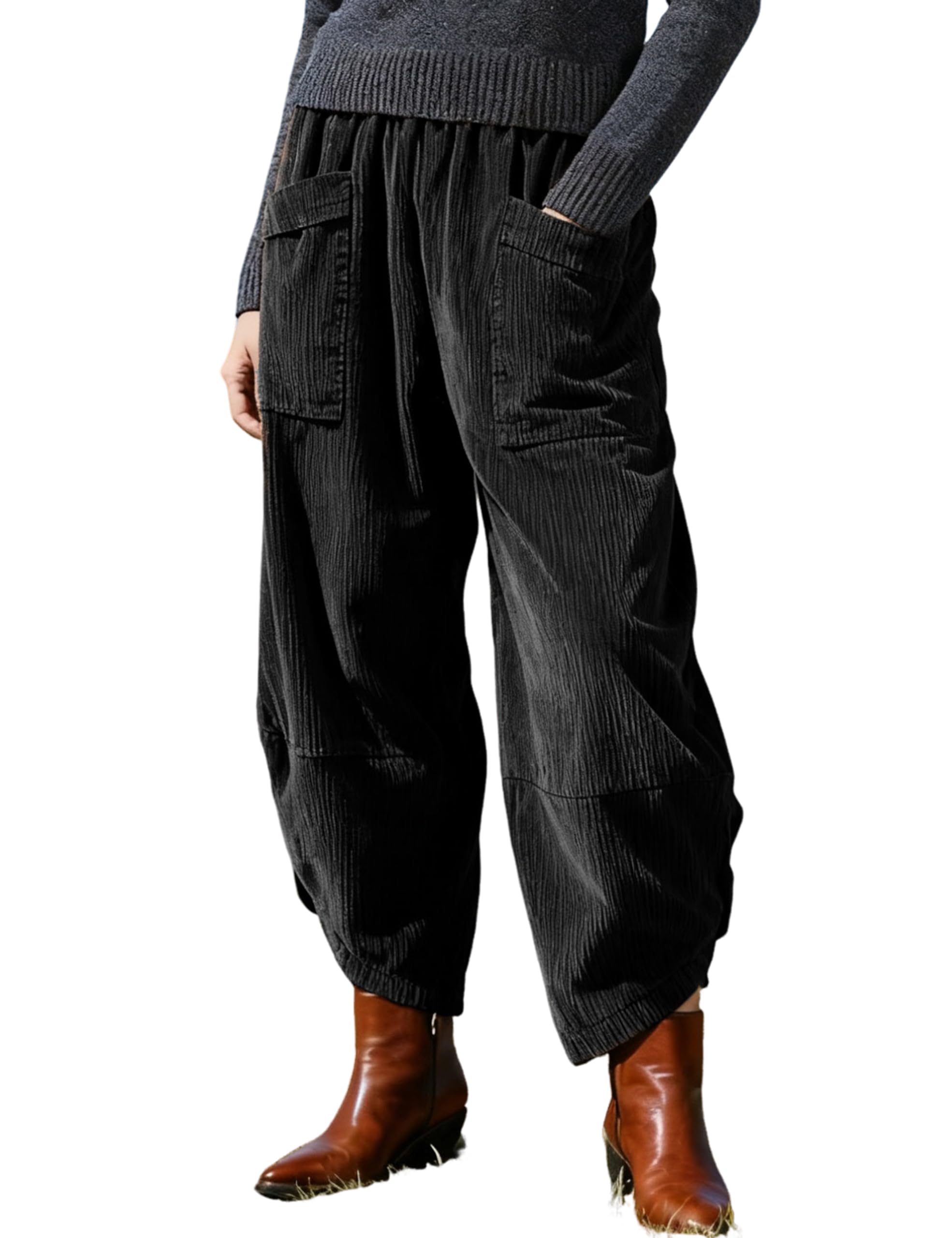 Yeokou Corduroy Pants Women Barrel Wide Leg Elastic High Rise Fall Casual Trousers with Pockets
