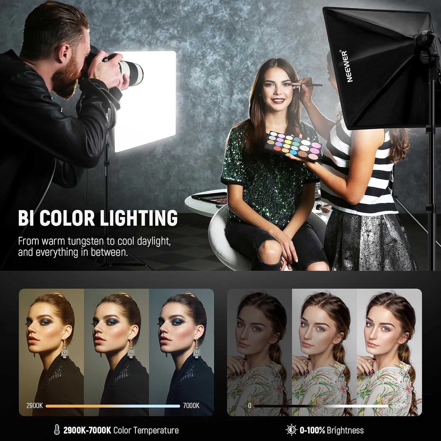 NEEWER 24" x 24" Softbox zestaw oświetleniowy ze stojakiem na statyw, 2 sztuki, 45 W, dwukolorowe żarówki LED 2,4 G, 10 kanałów, 2900 K-7000 K, 1400 lux/m, CRI95, pilot zdalnego sterowania 20 m